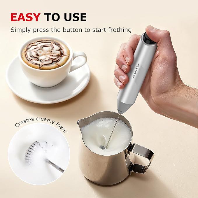 Bonsenkitchen Milk Frother with Stand for Coffee, Battery Operated Frother | Fast Handheld Drink Mixer with Stainless Steel Whisk, Powerful Hand Frother, Creates Rich Foam, Silver