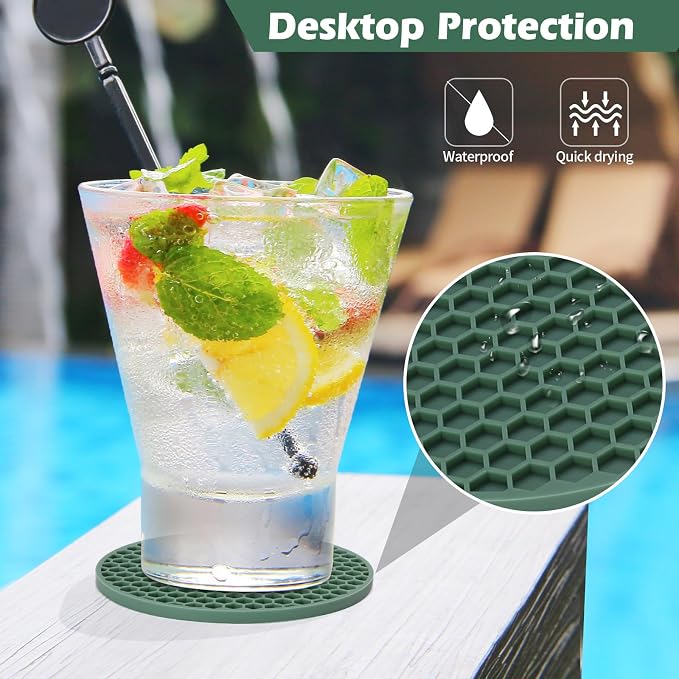 TWTLi Silicone Coasters Set of 12 with Holder — Non-Slip Drink Coasters for Coffee Table, Home Bar & Kitchen, Protects Wood & Marble Surfaces from Water Rings, Dishwasher Safe (12 Pcs, Green)