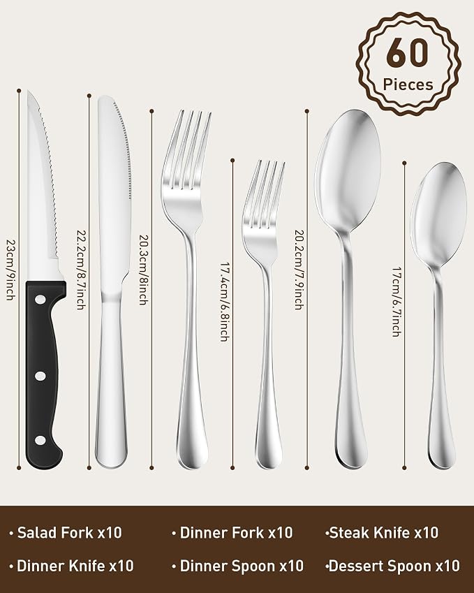 Quatish 60 Piece Silverware Set with Steak Knives, Cutlery Utensil Sets for 10, Food-Grade Stainless Steel Flatware Sets, Kitchen Utensils Set for Home Restaurant Hotel, Mirror Finished, Silver