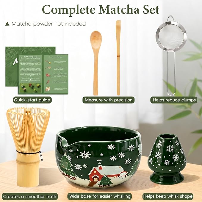 Matcha Whisk Set, Ceramic Matcha Set Includes Bowl & Holder, Bamboo Whisk (Chasen), Scoop, Spoon and Sifter, 6Pcs Matcha Kit Covers Everything Needed for Making Matcha