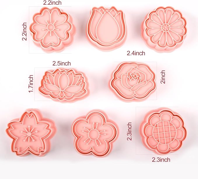8 Pack Flower Cookie Cutters, 3D Cookie Cutter with Plunger Stamp | 8 Styles Spring Flowers Cookie Cutters with Cookie Stamps for Home Kitchen
