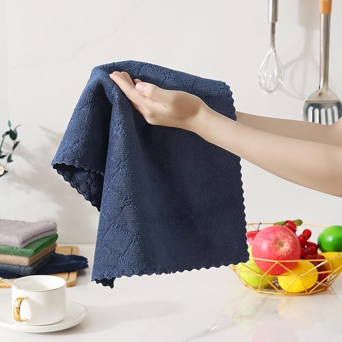 Homaxy Super Soft 12 Pack Kitchen Towels and Dishcloths Set, Navy Blue | Ultra-Absorbent, 10 x 10 and 13 x 19 Inches, Coral Velvet, No Lint, Nonstick Oil, Fast Drying, Microfiber Cleaning Cloth