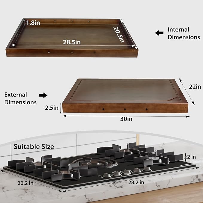 Wooden Stove Top Covers for Gas Burner and Electric Stove, Glass Cooktop Protector, Wood Noodle Board Stovetop Cover With Handles, Walnut