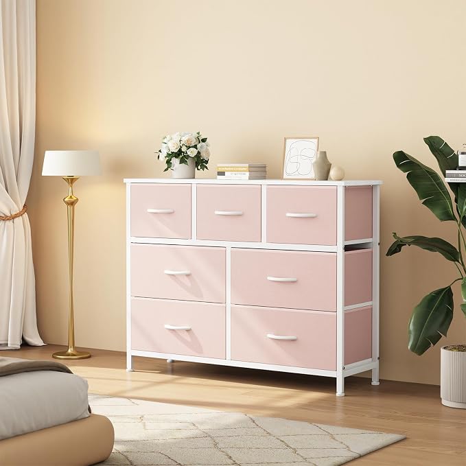 Sweetcrispy 7 Drawer Dresser for Bedroom Storage with Fabric Bins, Pink | Anti-Tip Closet Organizer, Wooden Top and Sturdy Steel Frame, Spacious Drawers for Girls Clothes Storage, Hallway Entryway