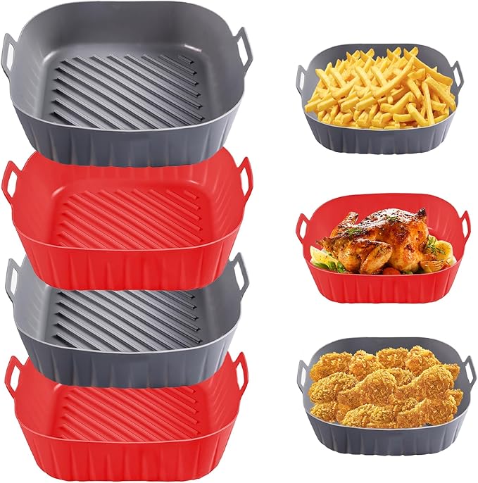 Golden Associate Silicone Liners Square for 8 to 8.5 inch Air Fryer, 4 Pcs | Non-stick, Food-grade, Reusable, Silicone Basket, Baking Tray, Airfryer Accessories