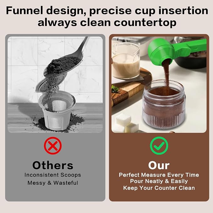 2-in-1 Coffee Scoop with Funnel, 2 Tbsp Measuring Spoon for Reusable K Cups, Ground Coffee, Protein Powder & Tea, Mess-Free Plastic Design（Green-1pack）