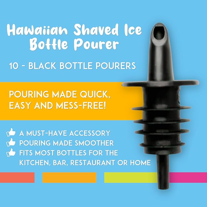 Hawaiian Shaved Ice Syrup Precise Control Bottle Pourers, 10-Pack | Professional Pour Spouts, For Snow Cone & Drink Flavors