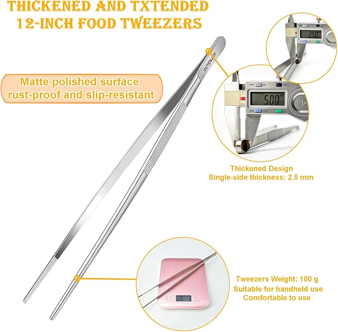 12-Inch Kitchen Tweezers, 18/8 Stainless Steel Tongs with Serrated Tips | Metal Fine Tweezers Tongs, Precision Grip, Non-Slip Tips, Long Cooking Tongs for Cooking, Chef, Serving Food, Grill, BBQ
