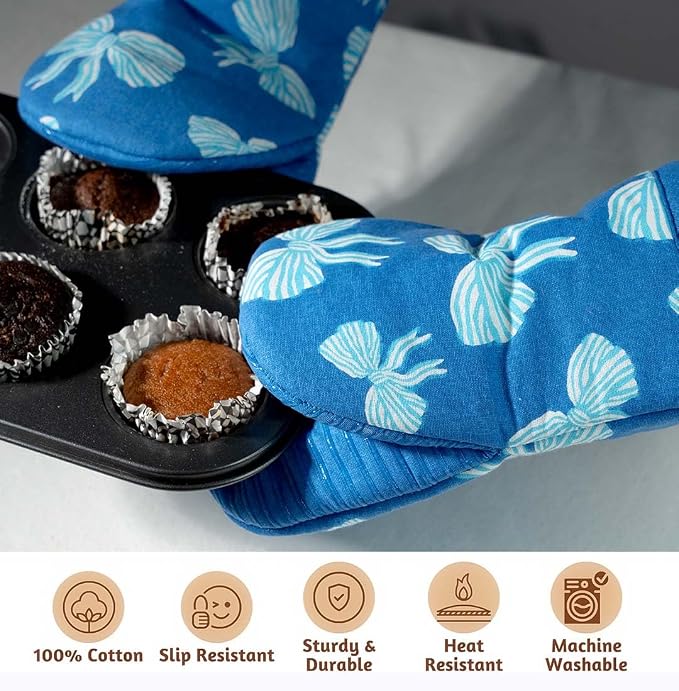 Folkulture Oven Mitts, Blue, Set of 2, Heat Resistant - (5.75"x9") | 100% Cotton, Non Slip, Heat Resistant, Silicone, Cute Mini Mits with Hanging Loop, Kitchen Décor, Cooking Gifts, Baking