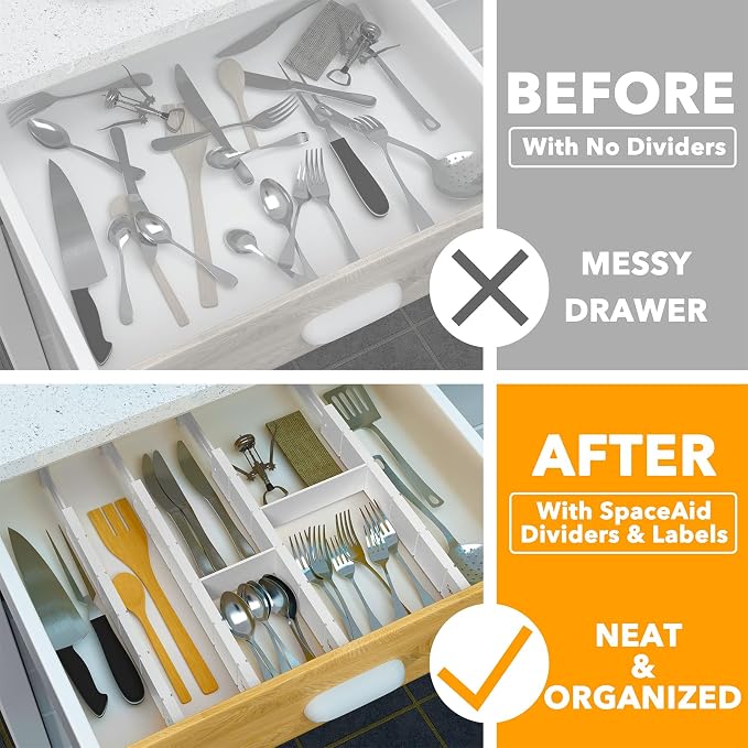 SpaceAid Bamboo Drawer Dividers with Inserts and Labels, Kitchen Adjustable Drawer Organizers, Expandable Organization for Home, Office, Dressers, 4 Dividers with 9 Inserts (17"-22" White)