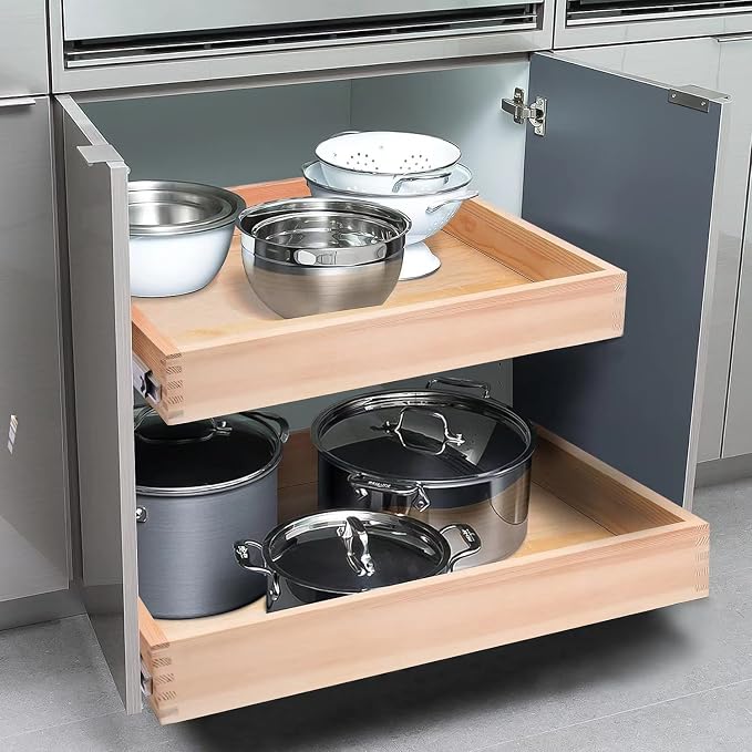 16”W x 21”D x 3‘’H Soft Close Slide Out Wood Drawer Organizer for Kitchen, Finished, (Cabinet Opening>17.5 inches for Bottom Assembly, Opening= 17 inches for Side Assembly)