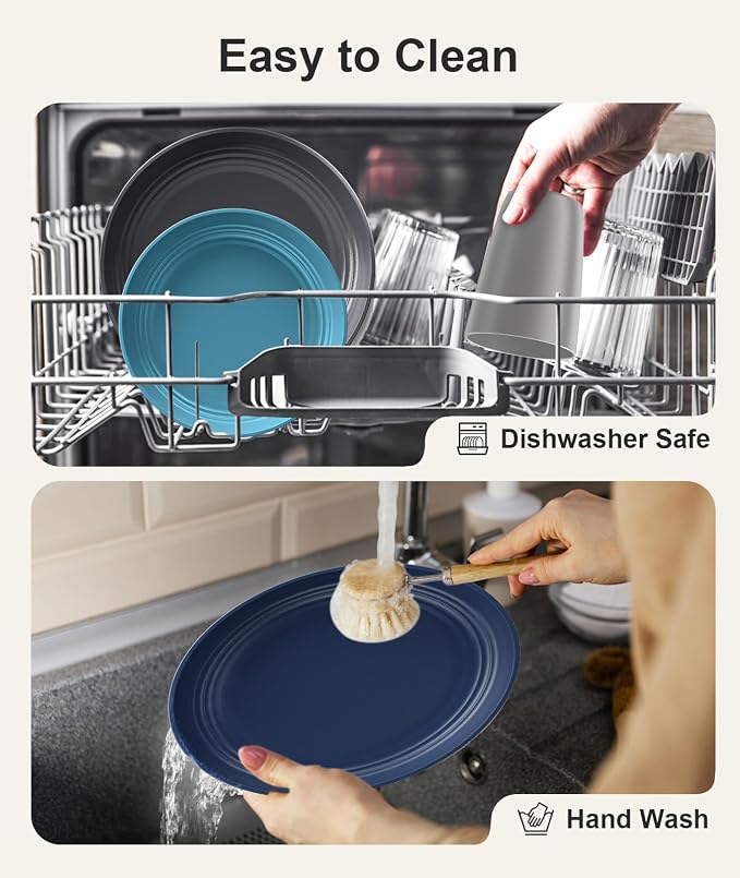 Quatish 24 Pcs Unbreakable Plates and Bowls, Plastic Dinnerware Sets for 6, Reusable Dish Set for Camping, Dishwasher Microwave Safe, Outdoor Kitchen and Apartment Dinning RV Essentials, Blue
