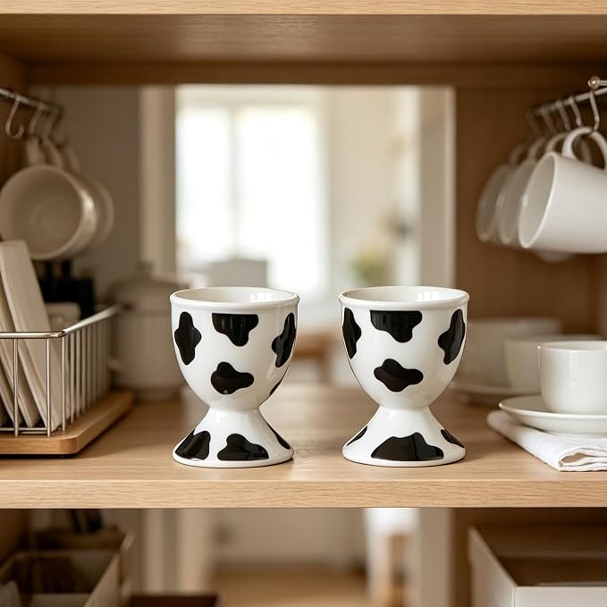 Cinf Ceramic Egg Cups, Set of 2, Cow Print Boiled Egg Holders for Breakfast | Set of 2 ceramic egg cups, classic white design, easy to clean, ideal for boiled eggs, breakfast serving and holiday gifting