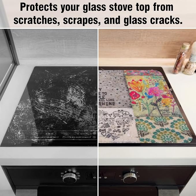 Boho Glass Stove Top Cover for Electric Stoves,Flower Floral Farmhouse Stove Top Cover for Kitchen Decor,Heat Resistant Cooktop Protector Mat,Non-Slip Washable Dish Drying Mat 28"x20"