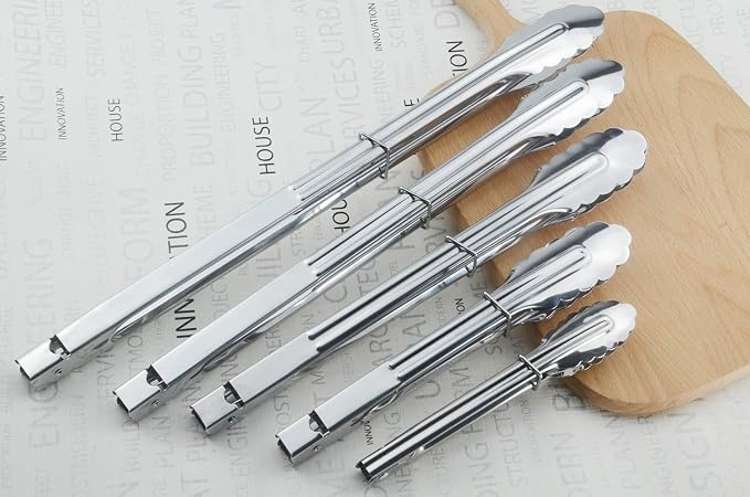 HINMAY Stainless Steel Serving Tongs Grilling Tongs for Cooking Camping Barbecue (12-Inch 3 Pieces) | Utility Spring Locking Tongs for Serving Cooking Grilling and Barbeque