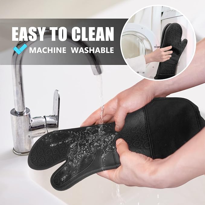 RORECAY Silicone Oven Mitts and Pot Holders Sets, Gloves for Kitchen, Black | Set of 6 Kitchen Mitts for Baking & Cooking, Heat Resistant 500 ℉, 15" Extra Long, Non-Slip & Waterproof, Quilted Cotton