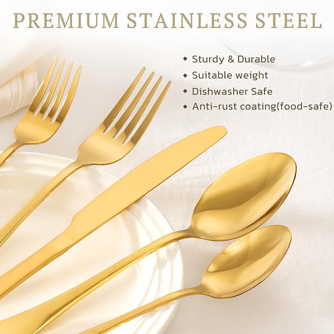 Astercook Silverware Set 48-Piece Gold Flatware Set with Steak Knives Food-Grade Stainless Steel Cutlery Set for 8 Mirror Polished Utensils Set Include Spoons and Forks for Home Kitchen Restaurant