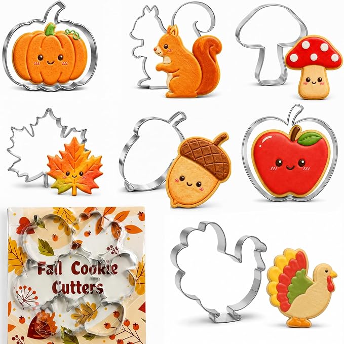 Fall Thanksgiving Cookie Cutters - 7PCS Stainless Steel Biscuit Molds | Fall Party Favors Decorations Kit Shaped in Pumpkin Acorn Turkey Fall Leaves | Fall Decor Food Baking Supplies for Kitchen