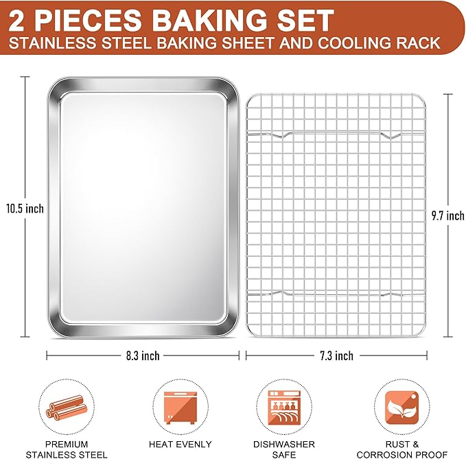 E-far Baking Sheet with Wire Rack Set, 10.5" x 8.3" (1 Pan +1 Cooling Rack) | Stainless Steel Sheet Pan with Rack Set for Toaster Oven, Small Metal Tray for Cooking Roasting, Non-Toxic, Dishwasher Safe