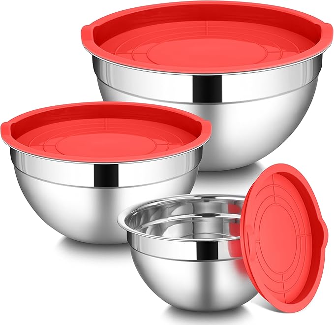 LIANYU Stainless Steel Mixing Bowls with Lid, Kitchen Baking Bowl Set of 3 | Metal Nesting Bowl for Easy Storage, Dishwasher Safe, 1.5QT & 3QT & 4.6QT, Red