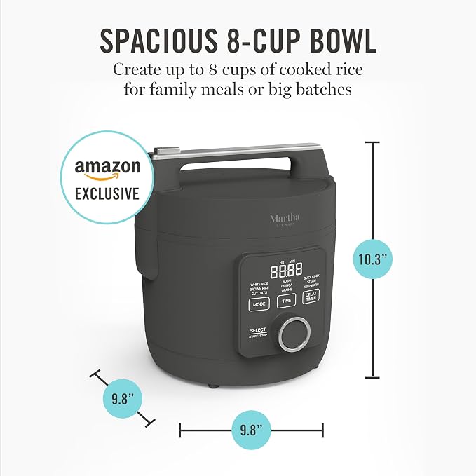 Martha Stewart 8 Cup Cooked (4 Cup Uncooked) Rice Cooker & Steamer, Caviar | PFAS-Free Ceramic Nonstick Removable Pot, 9 Modes, Keep Warm, Steamer, White & Brown Rice, Quinoa, Grains, Oats, Easy Clean