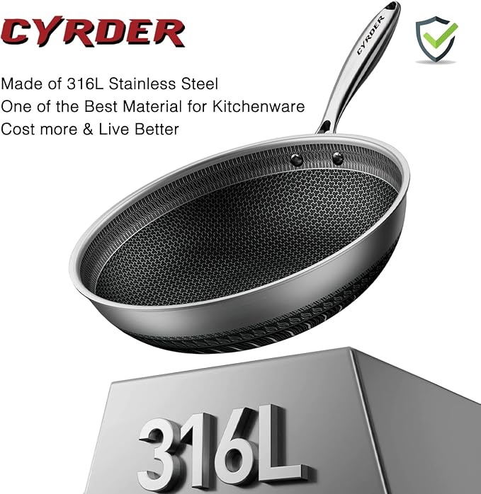 Large Hybrid Nonstick Stainless Steel Pan Skillet, 14.5in | PFOA Free Non-Stick Wok, Dishwasher Oven Safe, Stay Cool Handle, Works with Induction Cooktop/Ceramic/Gas/Electric Stove