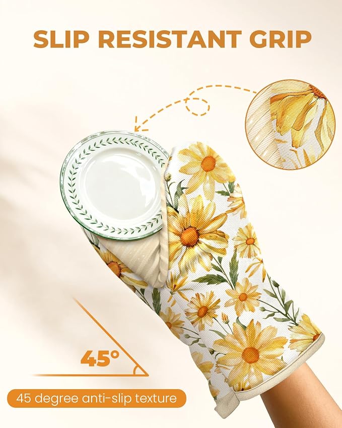 100% Thick Cotton Mini Oven Mitts Silicone Grip Watercolor Daisy | Elegant Classic Oven Mitts for Women, Machine Washable, Non-Slip, Reversible Design Fits Both Hands, Stylish Kitchen Decor