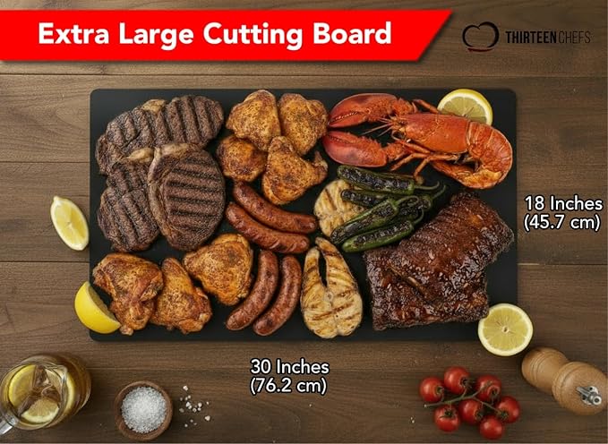 Thirteen Chefs 30x18 Extra Large Cutting Board for Fish, Meat, BBQ - 1/2 Inch Thick Black Plastic, Commercial Grade HDPP Poly with NSF Stamp, 10 pounds