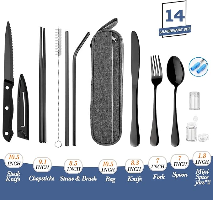 Portable Reusable Travel Utensils Silverware with Case,Travel Camping Cutlery set,Chopsticks and Straw, Flatware Cutlery with Case, Stainless steel Utensil set Top (Black)