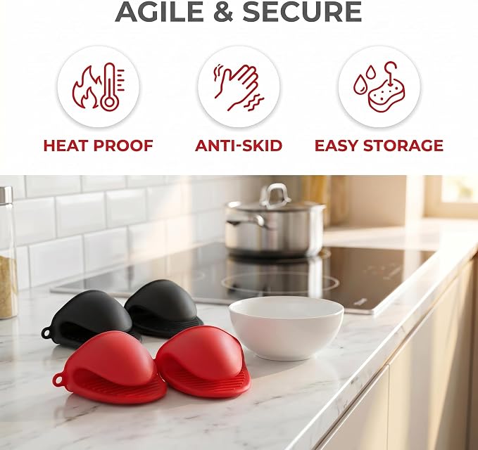 Silicone Cooking Pinch Grips Oven Mitts - Mini Finger Protector Pot Holder for Kitchen,Cooking,Baking,BBQ - Heat Resistant Gloves, 2 Pairs (Black and Red)
