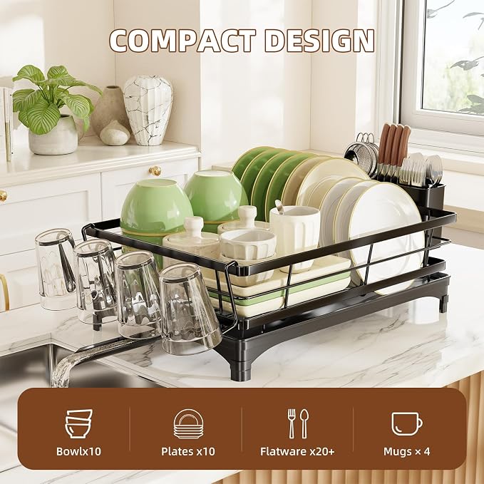 Simple Trending Dish Drying Rack for Kitchen Counter, Stainless Steel Dish Rack, Large Dish Drainer Organizer with Cutlery Holder & Cup Holders, Black