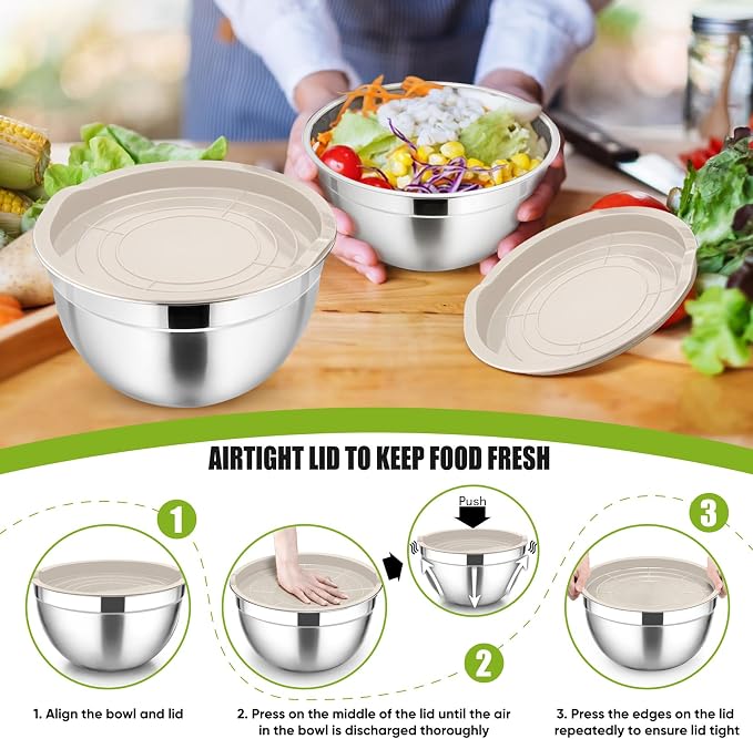 P&P CHEF Stainless Steel Mixing Bowls with Lids, Set of 3, Khaki | Nesting Salad Bowl, Sturdy& Rust Proof, Airtight & Stackable, Suit for Mixing, Storing, Prepping, 3 Size - 4.6/3 /1.5 QT