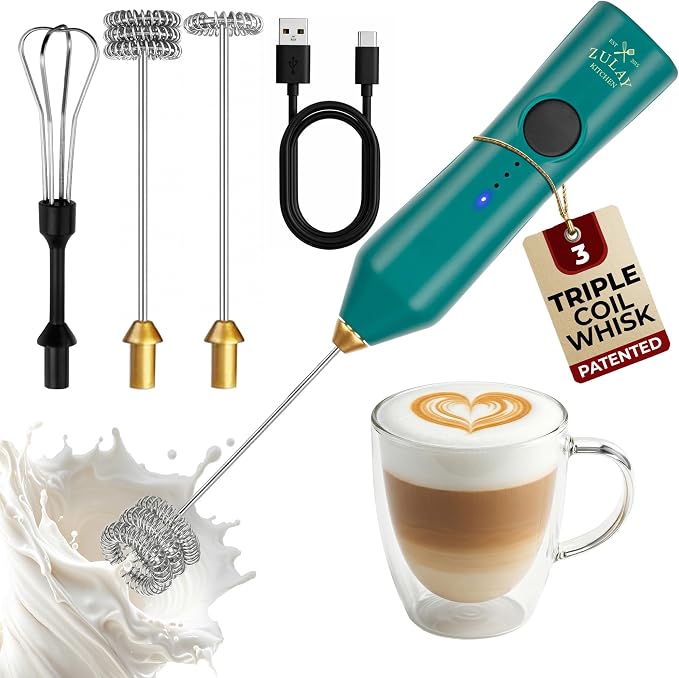Zulay Kitchen Rechargeable Milk Frother Handheld - Frother Wand, Drink Mixer, Electric Whisk Frother, for Cappuccinos, Matcha & Protein Powder - Dynamic 3 Whisk, 3 Speed 500mAh Green Gold