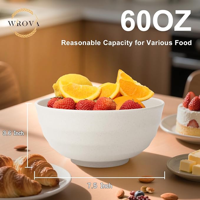 60oz Wheat Straw Bowls Set of 6 - Unbreakable large Serving Bowl for Kitchen, Plastic Bowls Microwave Safe Cereal and Salad Bowls, Lightweight Large Chip Bowls for Party,Dorm- White