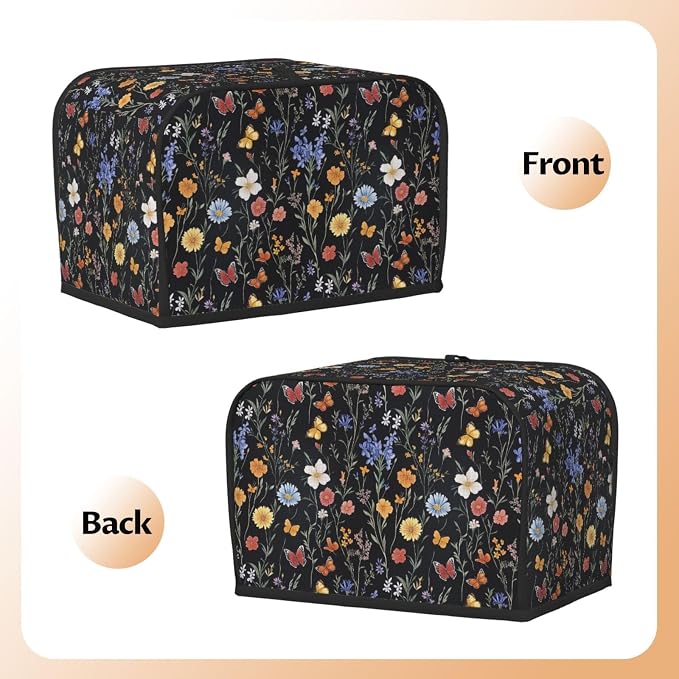 2 Slice Toaster Cover Vintage Botanical Flower Wildflower Dust Proof Washable Kitchen Appliance Cover with Pocket, Oxford Fabric Countertop Toaster Protector for Standard Toasters Small Appliances