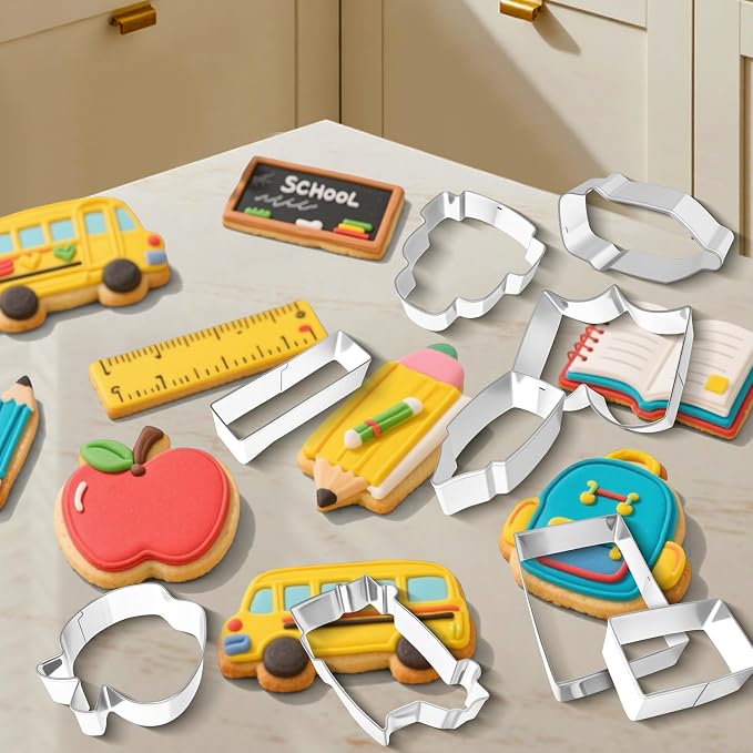 9 Pieces Back to School Cookie Cutters Set, Stainless Steel School-Themed Biscuit Mold Includes Apple Pencil Ruler Notebook School Bus Blackboard Book Backpack Crayon Baking Decorations