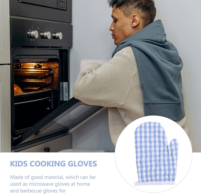 2Pcs Kids Oven Mitts for Children Play Kitchen, Anti- Scald Gloves Microwave Oven Gloves Kitchen Mitts for Kids Toddler Safe Baking Cooking (Light Blue Checkered)