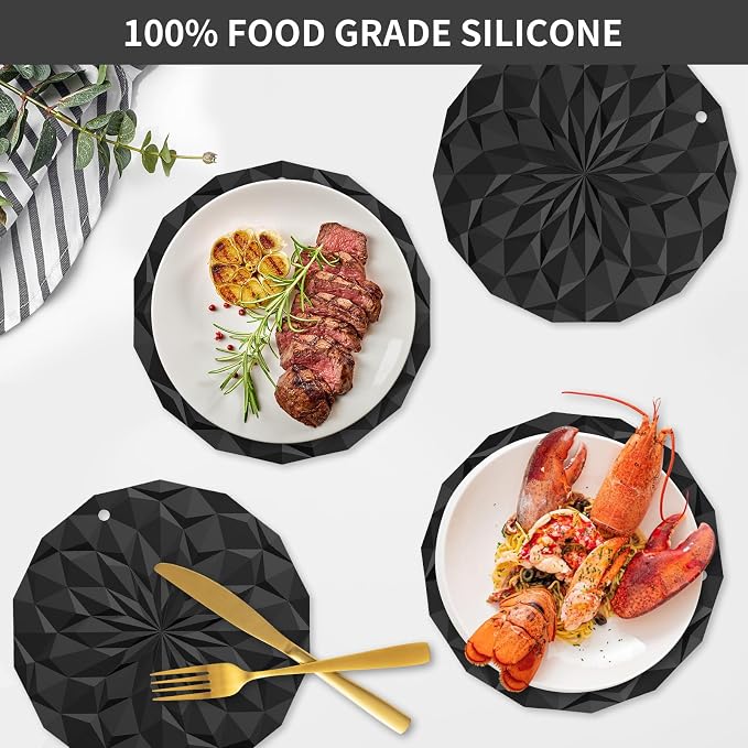 ME.FAN Silicone Trivet Mats - 4 Pack Pot Holders - 7.4'' Thickened Hot Pads for Hot pots, Pans and Dishes, Heat Resistant Silicone Trivet for Table and Counter Top Black