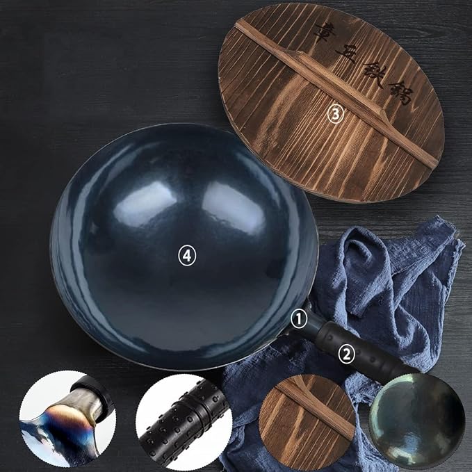 13-Inch Carbon Steel Wok, Round Bottom Traditional Chinese Wok with Rubber Handle and Wooden Lid, Uncoated Non-Stick Wok for Gas Stoves, Home Cooking, Camping, and as a Gift