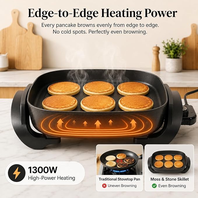 Moss & Stone Square Electric Skillet with Lid, 12-Inch Nonstick Frying Pan | 5 Qt Electric Frying Pan with Adjustable Temperature Control, Vented Glass Lid, Heat-Resistant Handles & Dishwasher Safe