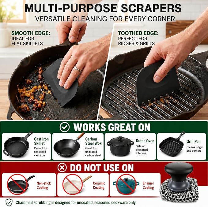 Cast Iron Scrubber and Scraper | 316 Chainmail Scrubber for Cast Iron Pan | Chain Mail Scrubber for Cast Iron Skillet Cleaner | Dishes Pots Wok Griddle Grill | Dish Scouring Pad Dishwasher Safe, Black2