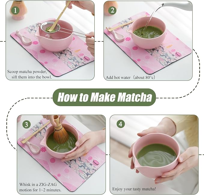 Clay&Fire Matcha Whisk set, 9 pcs Handcrafted Matcha Set for Beginner | Matcha Bowl with Spout and Whisk, Matcha Tea Kit for Matcha Lovers, Ideal Gift for Friend (Light pink)