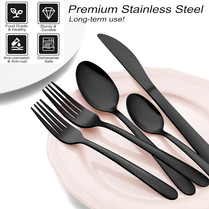 Pleafind 24Pcs Black Silverware Sets for 4 - Dishwasher Safe, Flatware Set with Steak Knives, Stainless Steel Cutlery Set, Include Forks Spoons and Knives Set, Utensil Sets for Home Restaurant