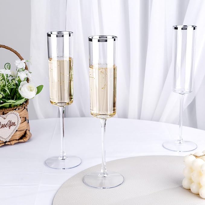 Ciaell 24 Pack Silver Plastic Champagne Flutes for Weddings Birthdays | 6 oz Silver Rim Square Toasting Cups, Heavy Duty Plastic, Champagne Wine Mimosas for Anniversaries Parties Bars