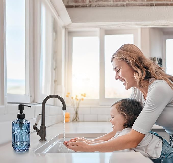 JASAI 18 Oz Blue Soap Dispenser with Black Rust Proof Pump | Refillable Bathroom Soap Dispenser with Thick Glass, Kitchen Soap Dispenser for Hand Soap, Dish Soap, Lotion.(Blue)