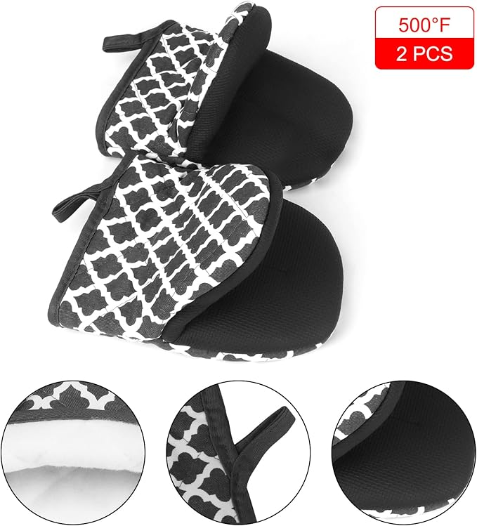 Short Oven Mitts, Heat Resistant 500°F, Silicone Grip Kitchen Gloves, Non-Slip for Baking, Grilling, BBQ, Machine Washable with Hanging Loop, 2-Pack Set, White Checkered Pattern | Non-Slip, Heat Resistant, Machine Washable, Hanging Loop, Fits Small Han...