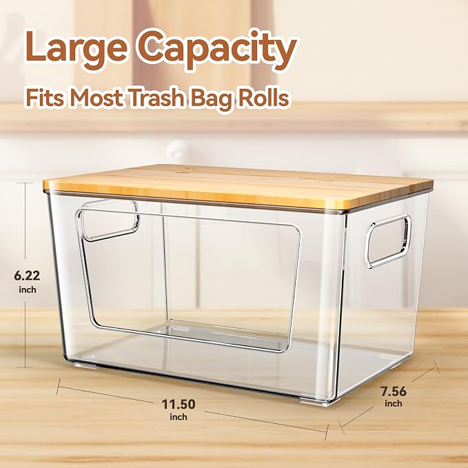 spospo 4 Pack Trash Bag Holder with Bamboo Lid Stackable Trashbag Dispenser | Extra Large Garbage Bag Holder for Kitchen Laundry Room Under Sink Organization and Storage