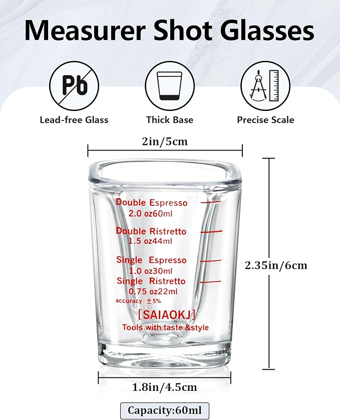 Shot Glass Measuring Cup Set, 2 Pack 2 Oz Square Espresso Glasses (Red) | Square glass measuring cups feature oz, ml, tsp and tbsp markings for espresso, liquor, medicine, desserts and recipes
