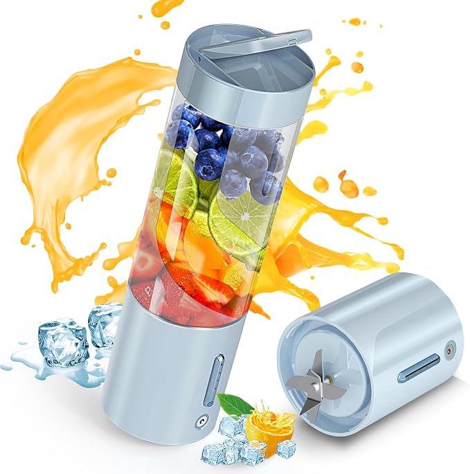 Portable Blender Personal Juicer for Shakes Smoothies with Hidden Handle | 16 Oz Electric Protein Shaker Bottle, USB-C Rechargeable, Mini Small Cordless Blender Cup for Kitchen Travel Gym