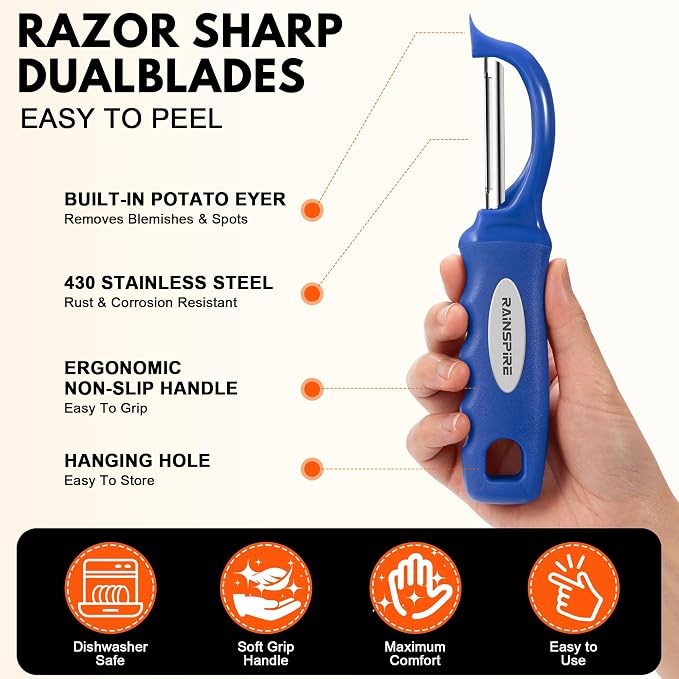 Rainspire Vegetable Peeler Potato Peelers for Kitchen, Sharp Stainless Steel Blades Veggie, Comfortable Handle Fruit Peeler, Carrot Peeler Apple Peeler Dishwasher Safe, Dark Blue, 2-Pack